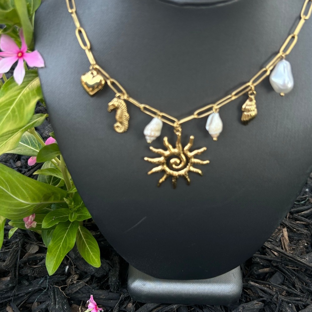 Gold Stainless Steel Charm Necklace with Sun Pendant